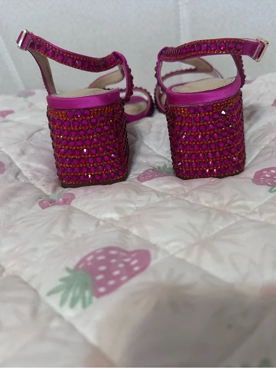 Betsey Johnson Hot Pink Crystal-Embellished Slingback Block Heels - Picture 5 of 6
